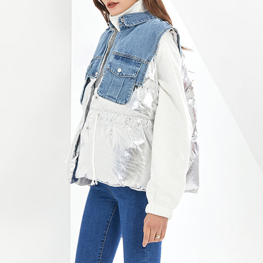 Denim Splicing Vest Spring New Fashion Temperament Casual Vest Short Cotton-Padded Vest Coat