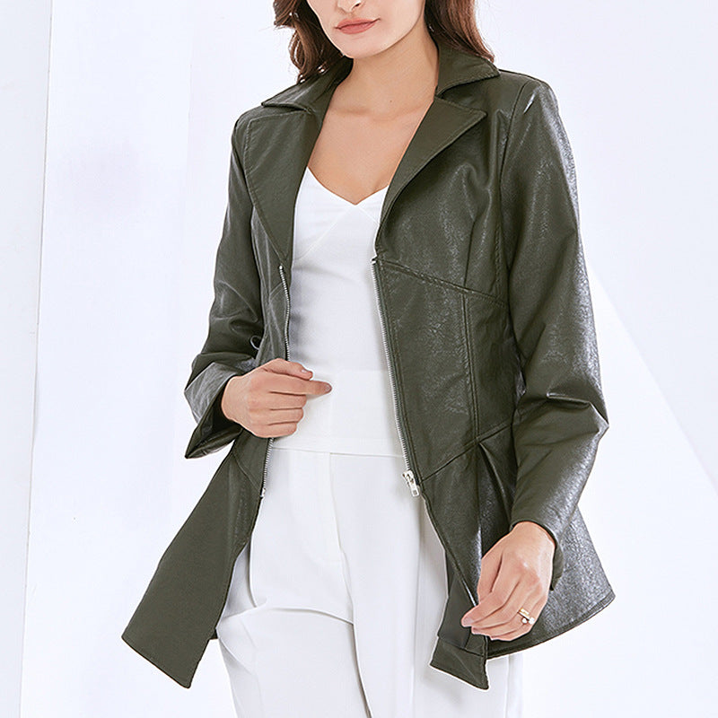 Women's New Leather Lapel Waist Slimming Splicing Bottom Spring And Autumn Coat Women's Fashion Casual Jacket