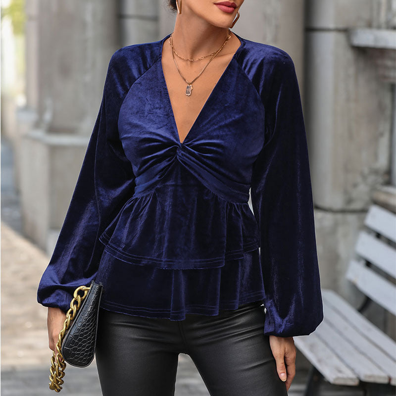 Autumn New Fashion Women's Solid Color V-Neck Velvet Top