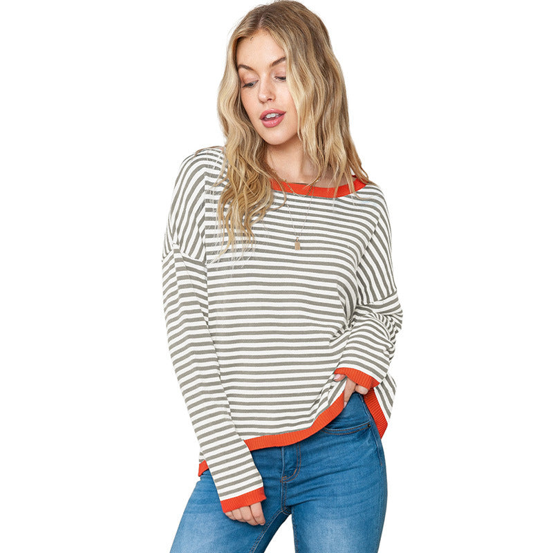 Contrast Color Border Striped Off Shoulder Sweater Woman Loose 100 Long Sleeve Knitted Pullover Blouse Woman