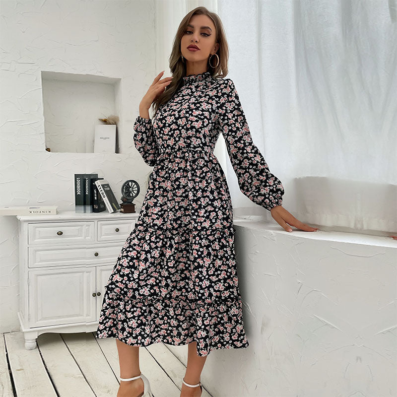 New Autumn And Winter New Women's Dress In The Long Half High Neck Pleated Print Dress