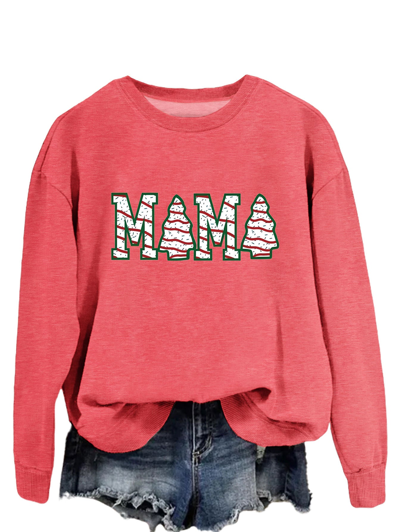 Fashion Crew-Neck Hoodie Mama Letter Christmas Tree Long Sleeve Blouse