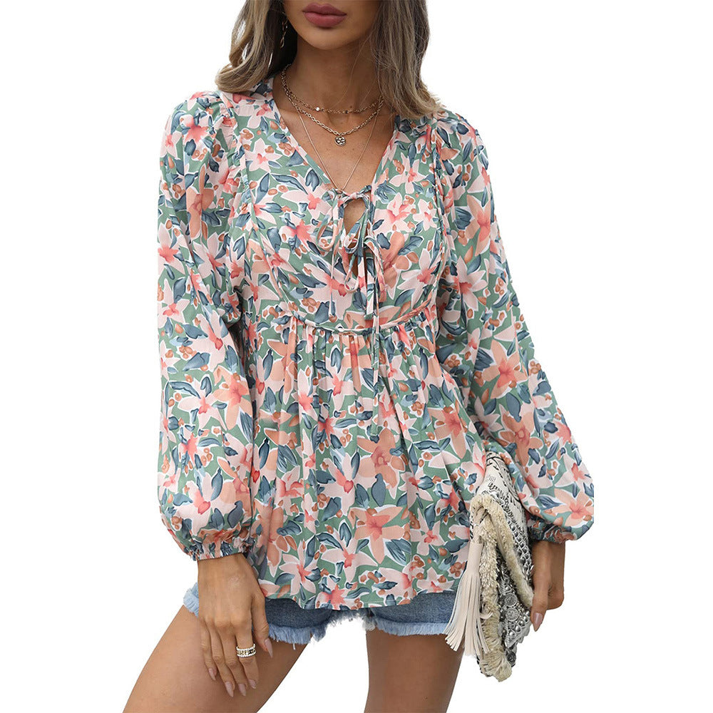 Spring And Autumn New Long-Sleeved Chiffon Shirt Women Loose Pullover Floral T-Shirt