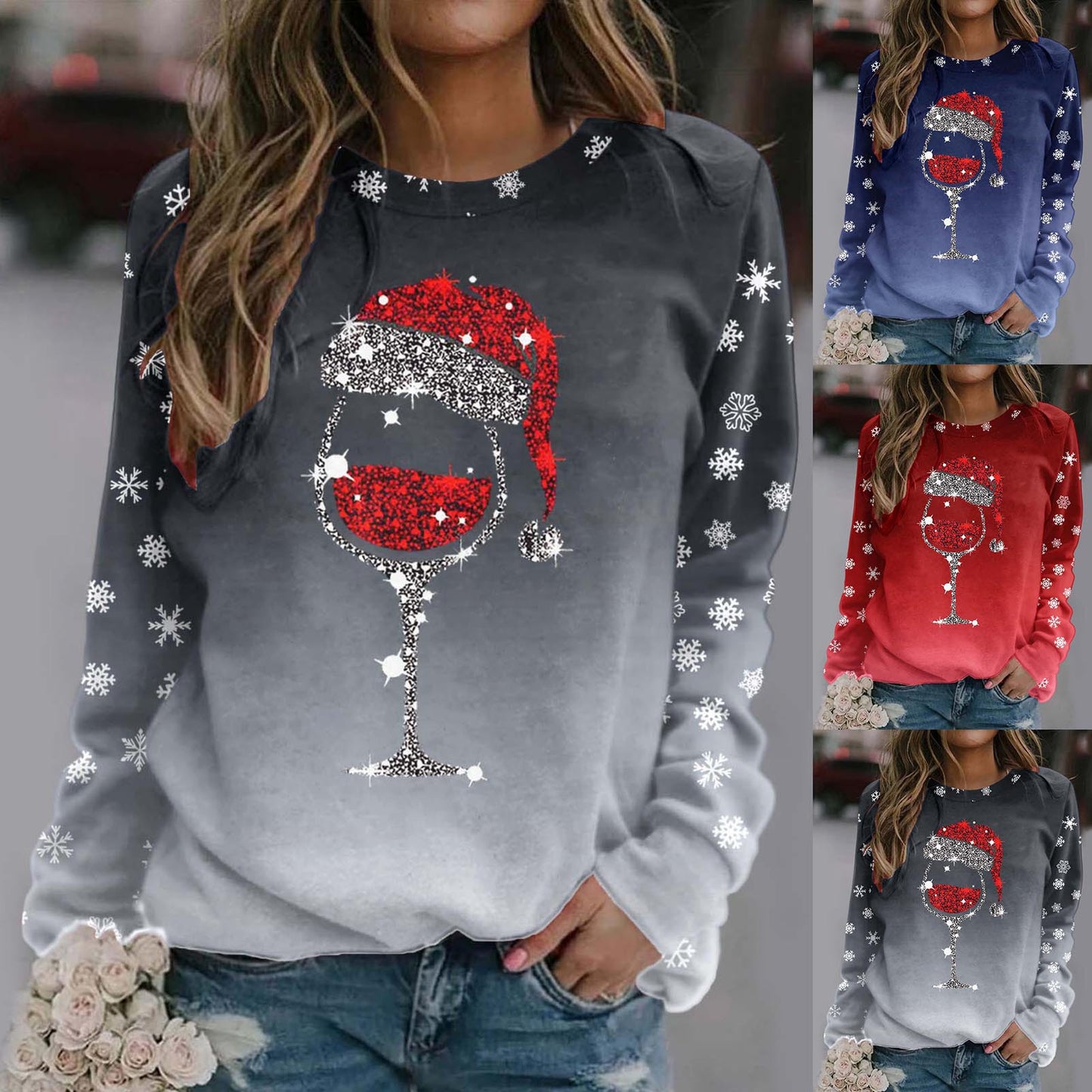 Ladies Casual Big Head Deer Christmas Printed Round Neck Long Sleeve Hoodie Top