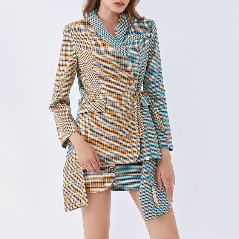 Women's New Fashion Age Reduction Color Plaid Lace-Up Small Suit Skirt Casual Women's Suit