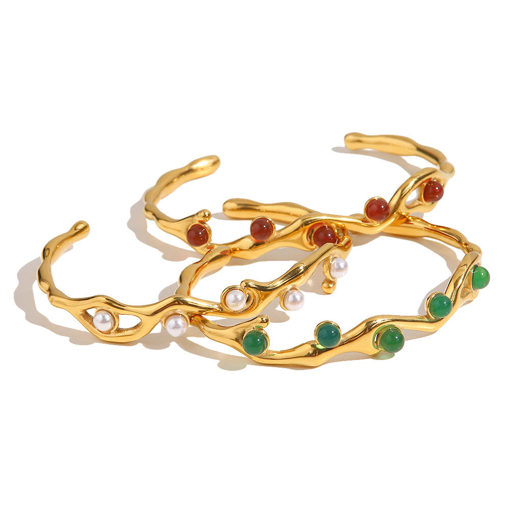 5pcs Retro Texture Series Green And Red Natural Stone/Imitation Pearl Embellished Opening Non-Faded Titanium Steel Bracelet