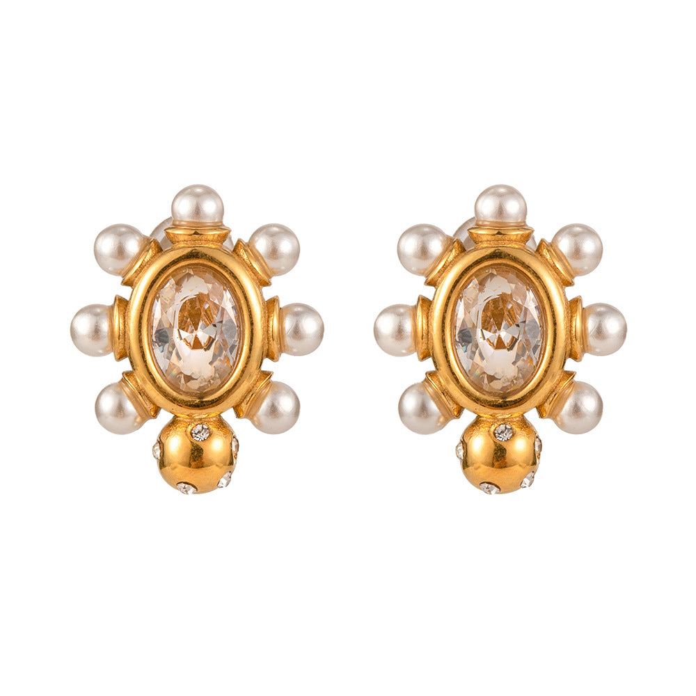 5pcs 18K Gold Stainless Steel Round Inlaid Zircon Pearl Earrings Women's Fashion All-Matching Geometric Earrings