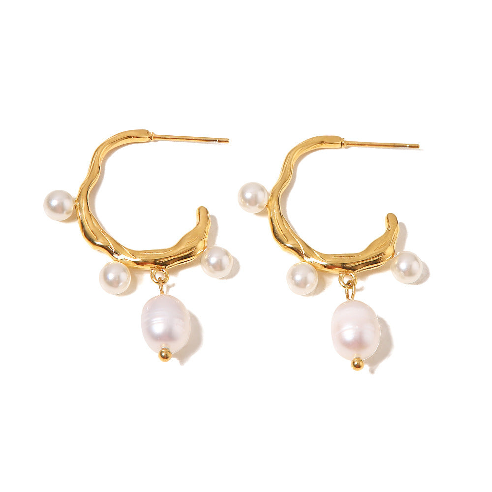 5pcs Vintage Natural Light Pearl Pendant Earrings Niche Design Studs Personality Twist C-Shaped Pearl Earrings