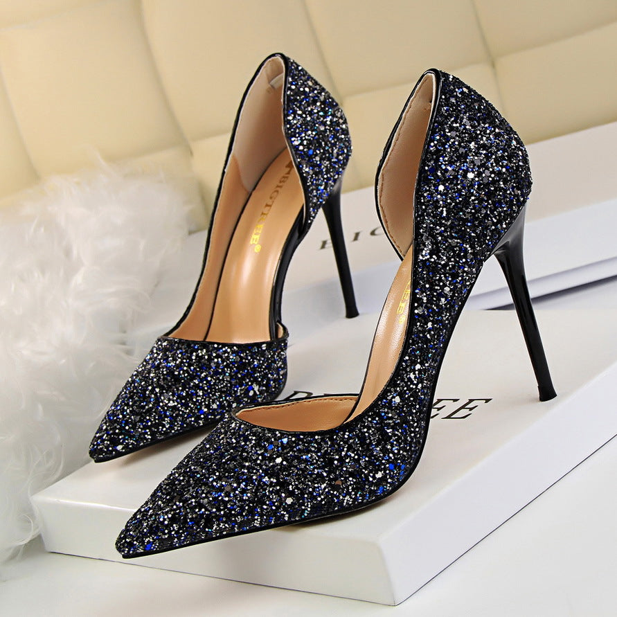 Sexy Nightclub Slim Women's Shoes With Slim Heels, High Heels, Shallow Mouth, Pointed Side Hollowed Sequins