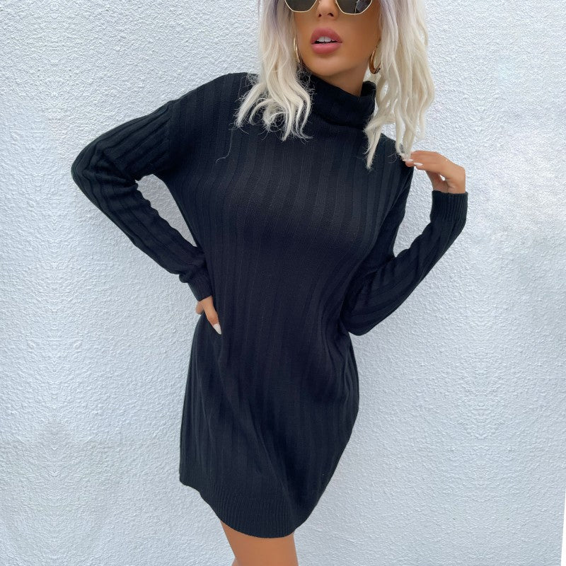 New Autumn And Winter Fashion Women's Pit Strip High Neck Long Sleeve Loose Sweater Dress