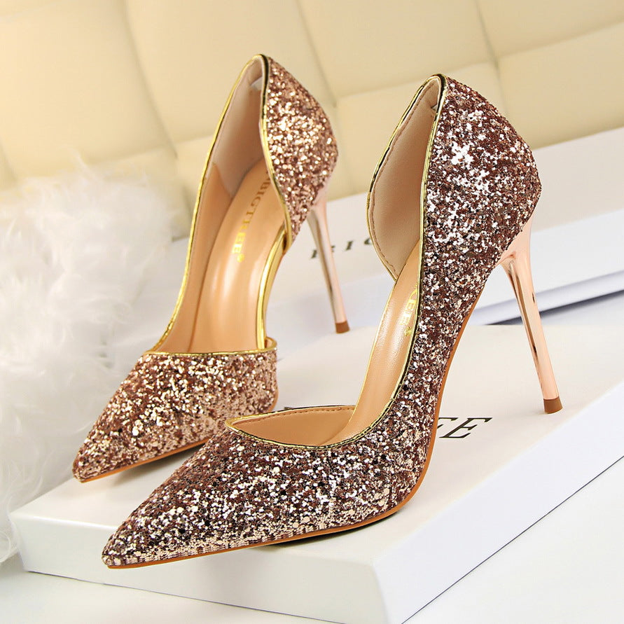 Sexy Nightclub Slim Women's Shoes With Slim Heels, High Heels, Shallow Mouth, Pointed Side Hollowed Sequins