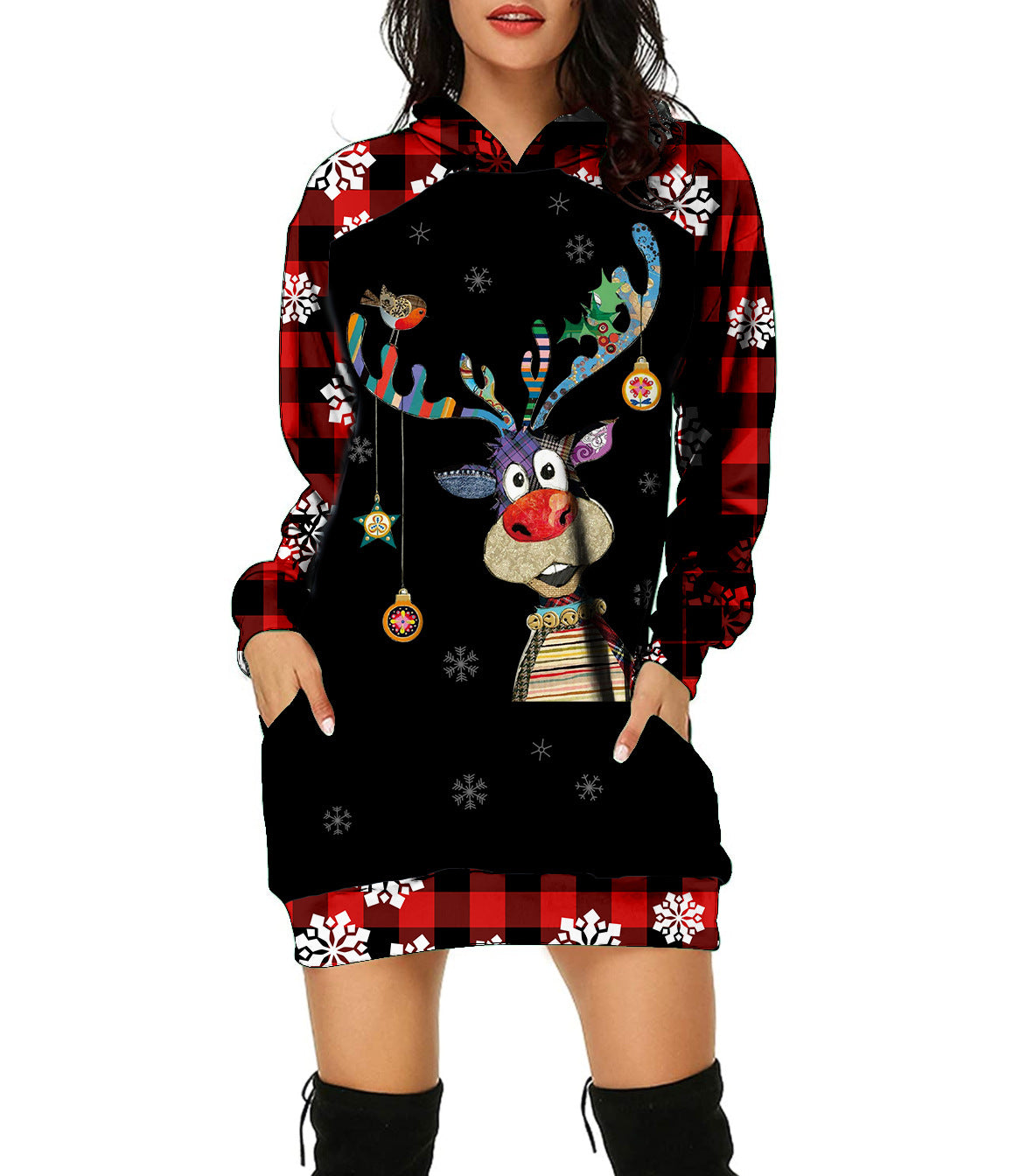 New Christmas Hoodie Moose 3D Printed Long Hoodie Autumn Loose Hoodie Dress