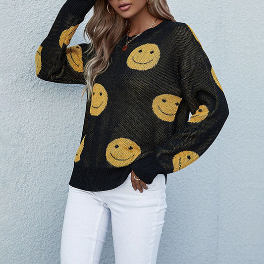 New Autumn And Winter Fashion Women's Casual Smiley Long-Sleeved Black Sweater