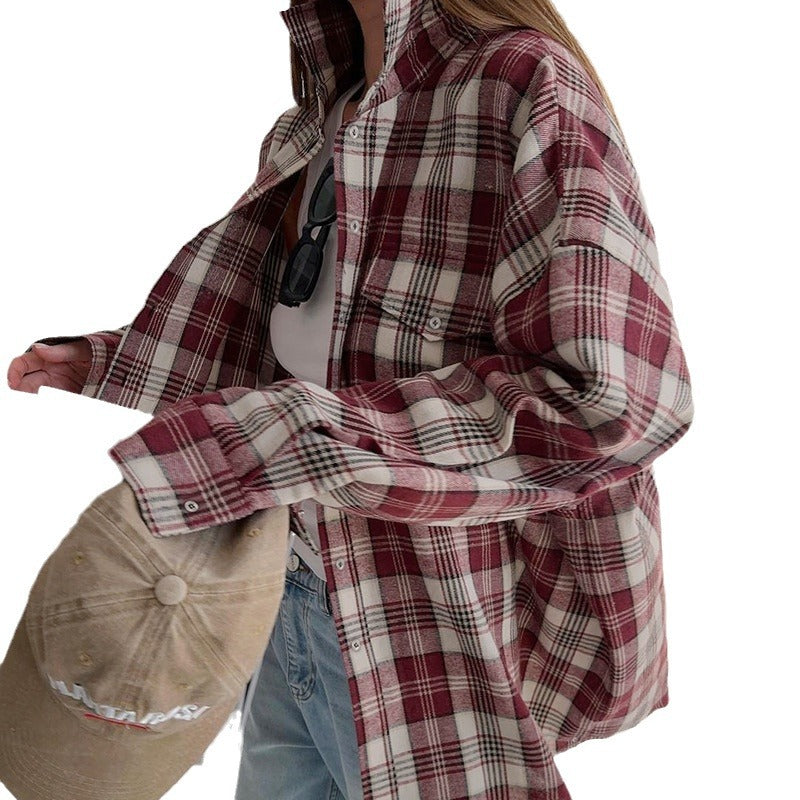 Vintage Classic Autumn/Winter New Women's Plaid Terylene Lapel Long-Sleeved Shirt Casual Loose Commuter Shirt