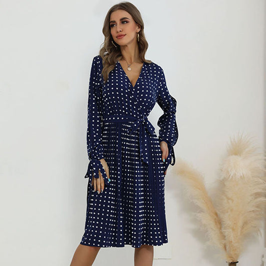 Fashion Women's Hollow Long-Sleeved Blue Polka Dot Dress Autumn And Winter