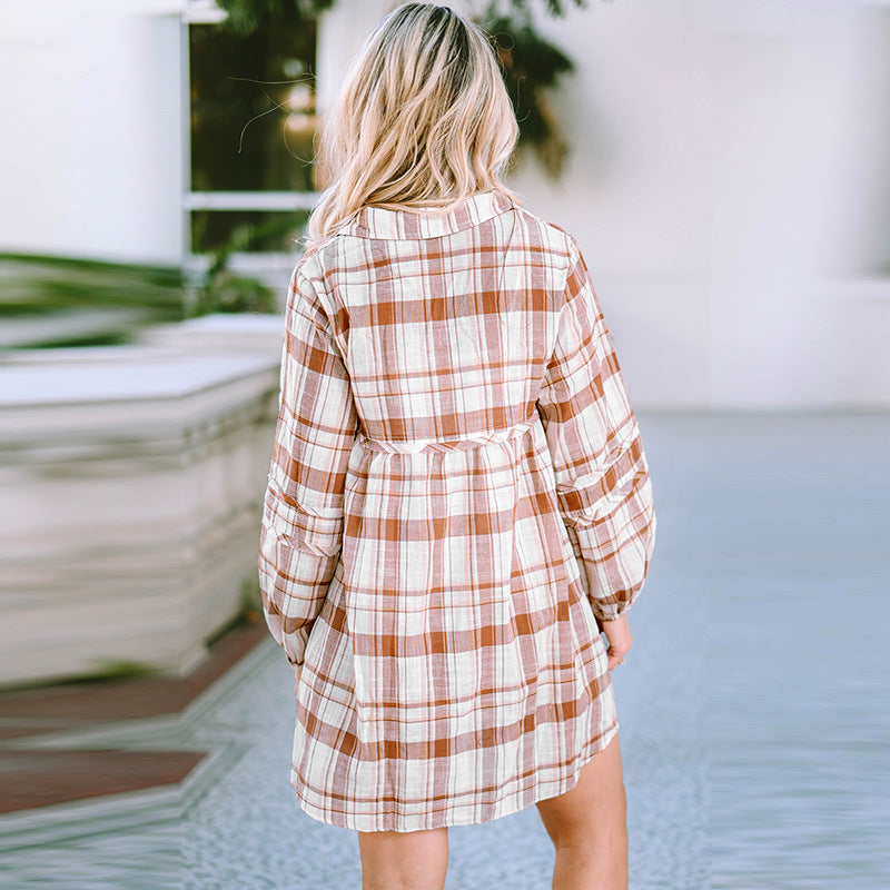 Early Autumn New Plaid High-Waisted Long-Sleeved Dress Women Fashion Loose Knee-Length Skirt Women