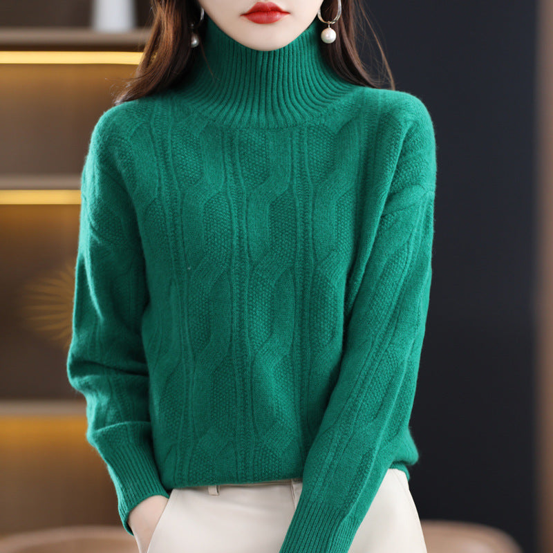 Autumn/Winter New 100 Woolen Sweater Women's Turtleneck 7 Needle-Hemp Jacquard Woolen Base Loose All-Match Sweater Top