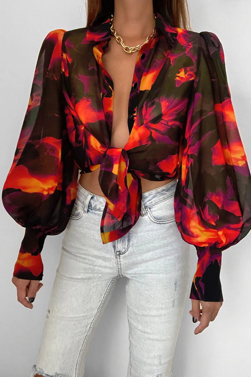 Fashion Temperament Women's Chiffon Cardigan Loose Lantern Long Sleeve Printed Shirt Woman