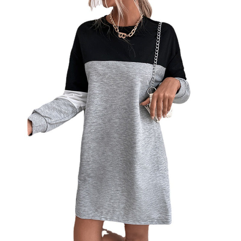 New Autumn New Women's Round Neck Straight Skirt Match Color Casual Medium Long Pullover Hoodie Dress