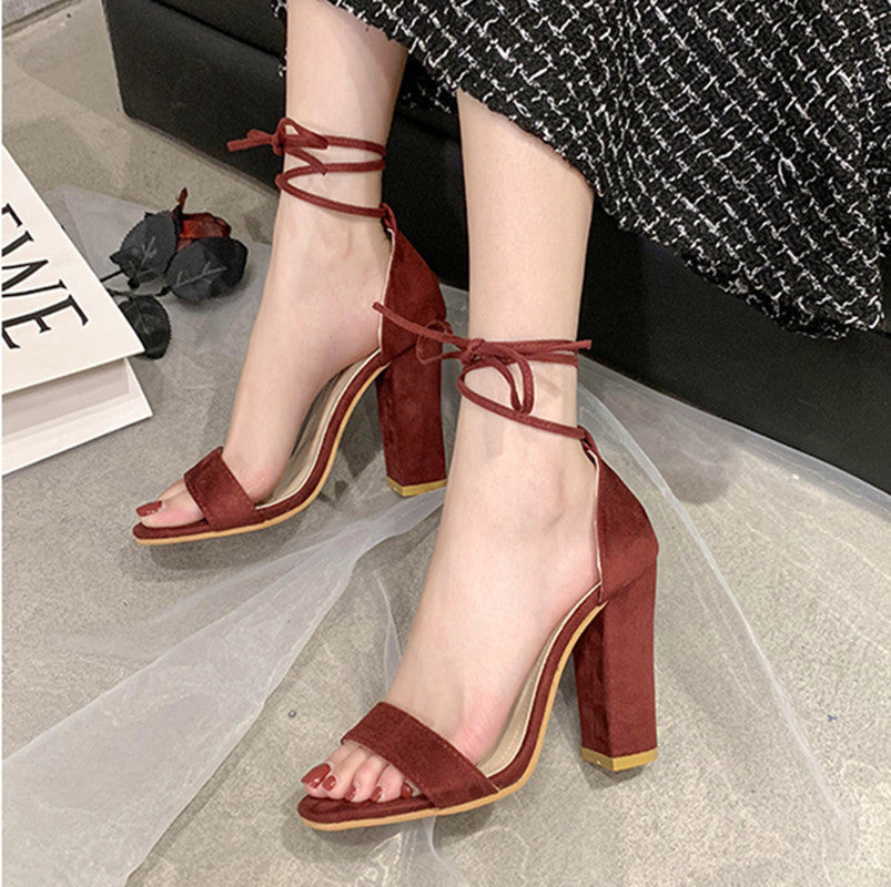 Summer New One Line Open Toe Sandals Women's Buckle Thick Heel High Heel Fish Mouth Sandals