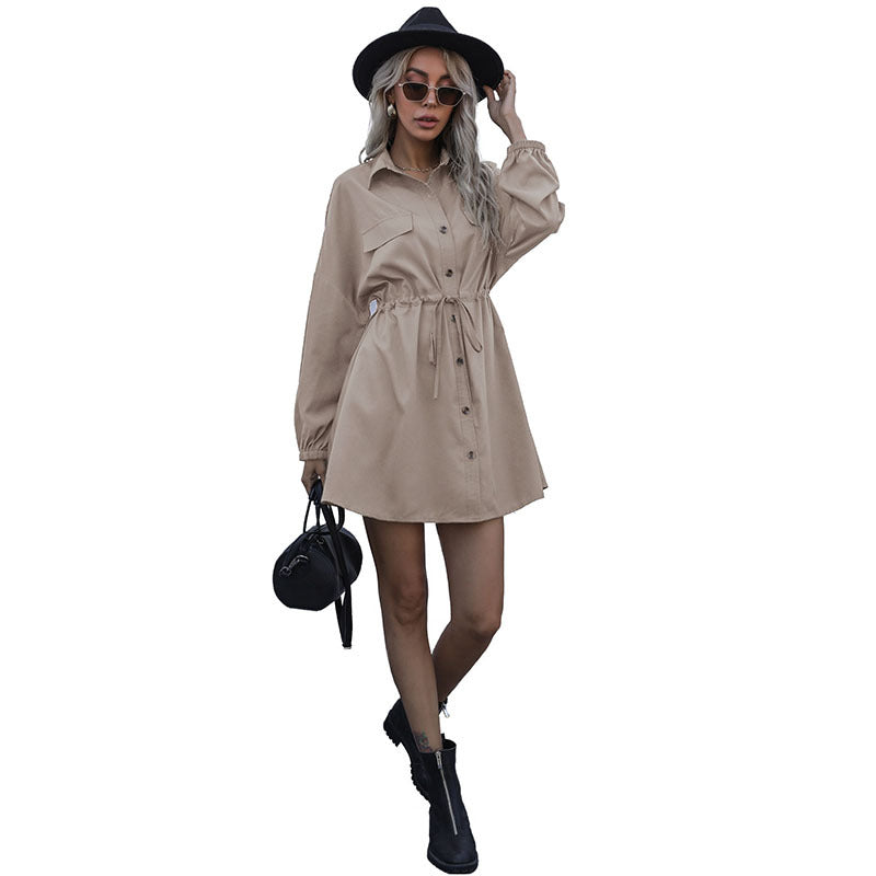 Early Autumn Double Drawstring Shirt Dress Solid Color Lapel Long-Sleeved Shirt Dress