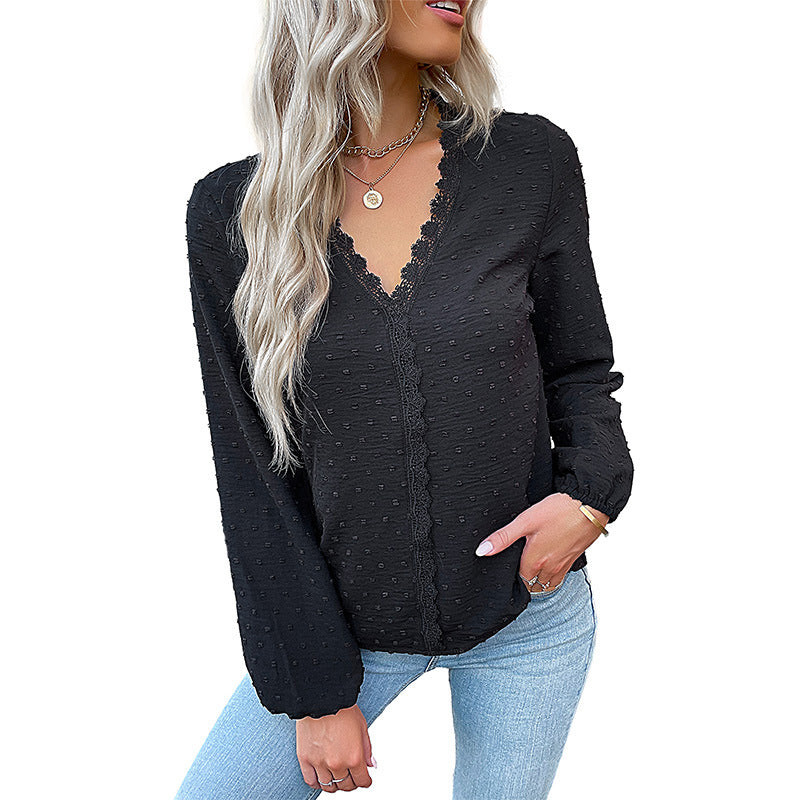 New Autumn New Women's Long Sleeve Solid Color V-Neck Shirt Woman