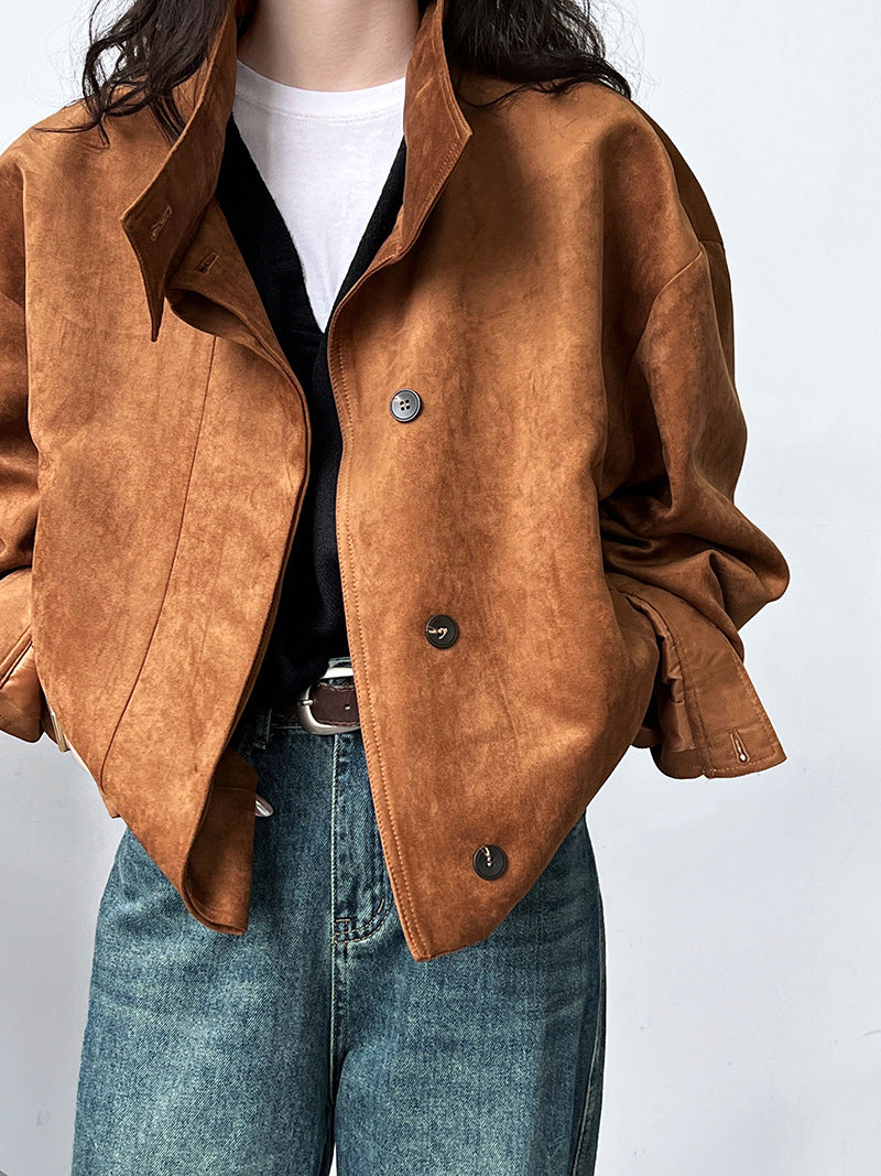 Deer West Brown Suede Coat Loose Silhouette South Style Fashion Senior Sense Standing Collar Jacket Women