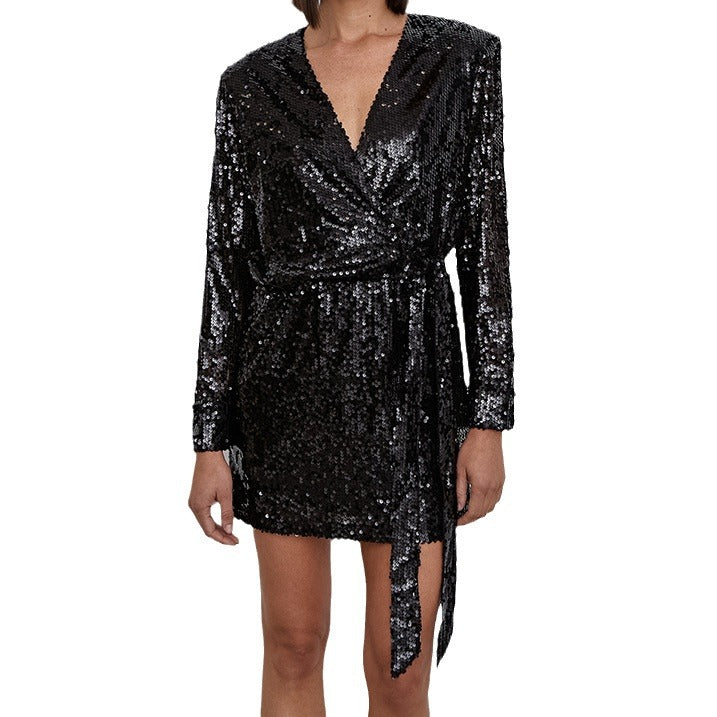 Sexy Sequin V-Neck Shrugging Dress New Spring Fashion Commuter Woman