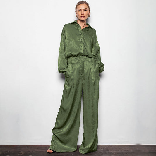 Green T-Lapel Puffy Sleeve Loose Casual Suit New Fall Fashion Two-Piece Set