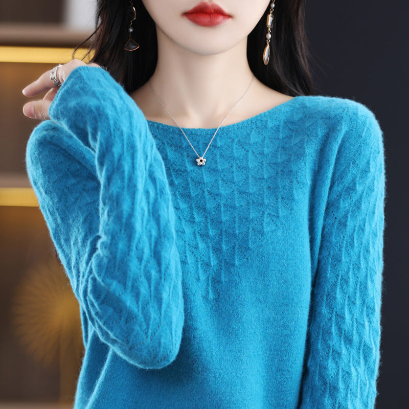 Early Spring New 100 Woolen Sweater Women's Round Neck Sweater Hollowed Out All-Over Cashmere Sweater Base