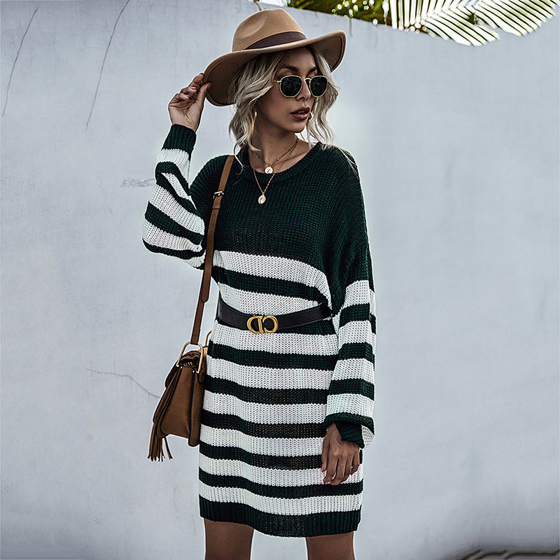 Autumn Chic: Women's Long-Sleeved Crew-Neck Striped Sweater Dress