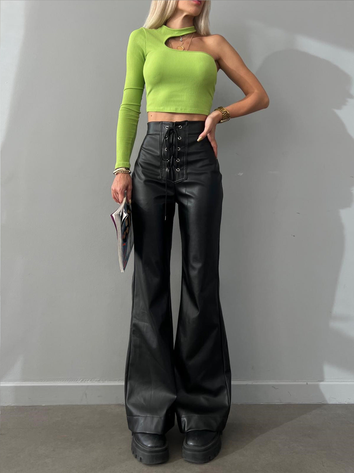 Autumn And Winter Women's Fashion Sexy High-Waisted Trousers Flared Leather Trousers For Women