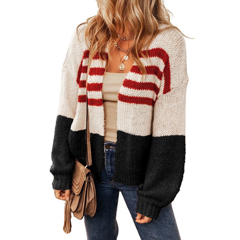 Winter New Striped Color Cardigan Sweater Women Casual Lazy Wind Down Shoulder Knit Cardigan Woman