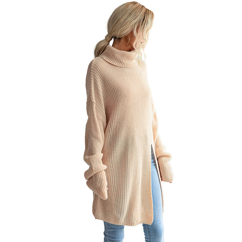 New Autumn And Winter Fashion Women's Solid Color Slit Long-Sleeved Turtleneck Sweater Dress