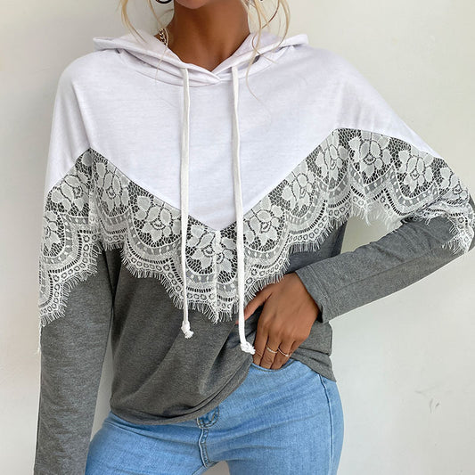 Through Autumn New Women's Long-Sleeved Hooded Pullover Lace Stitching Hoodie Hoodie