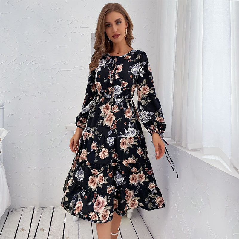 Fashion Women's Temperament Long-Sleeved Vintage Floral Dress Autumn