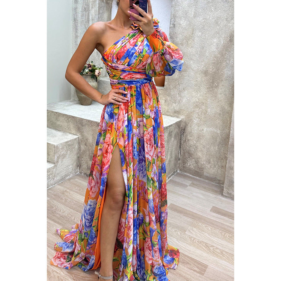 Autumn And Winter Party New Casual Split Dress Loose Multi-Color Oblique Shoulder Dress