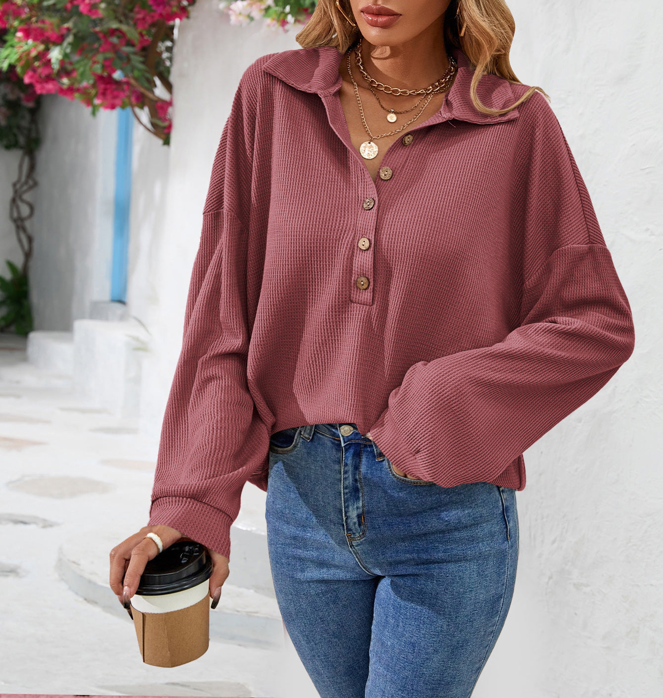 Women's New Autumn And Winter Lapel Button Solid Color Long-Sleeved Top T-Shirt