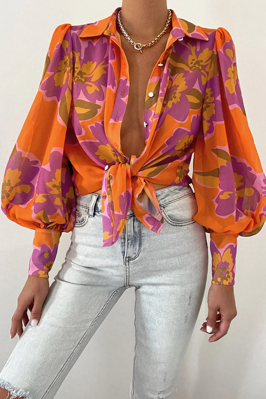 Fashion Temperament Women's Chiffon Cardigan Loose Lantern Long Sleeve Printed Shirt Woman