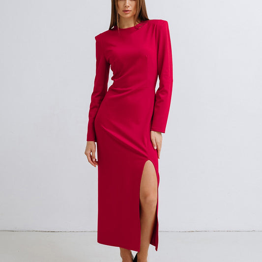 Red Crew Neck Slit Slim-Fit Dress New Fall Fashion Commuter Dress For Women