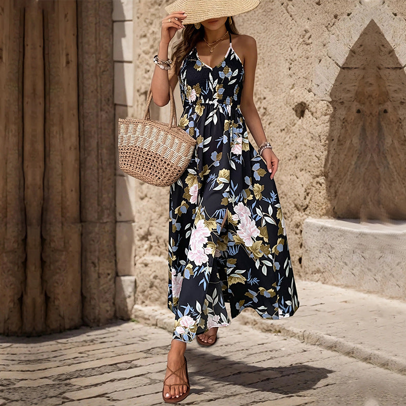 New Summer Print A-Line Long Skirt Backless Dress With Split Halter