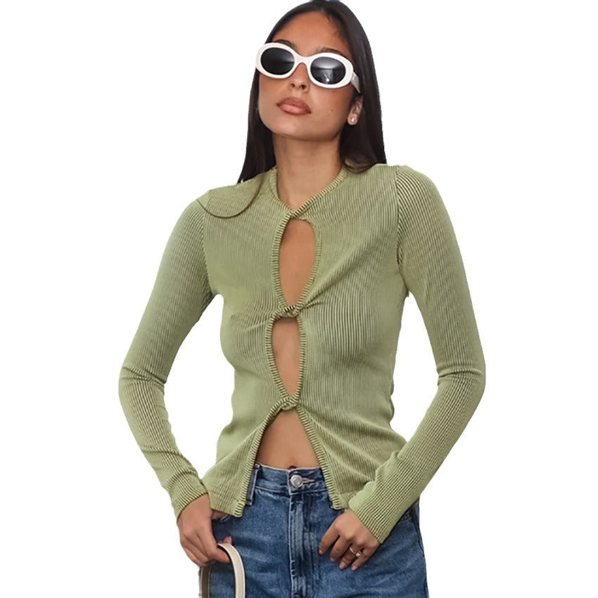 Green Alternative Knitted Hollow Bottom Knitted Sweater Jumper T-Shirt New Autumn Fashion Women