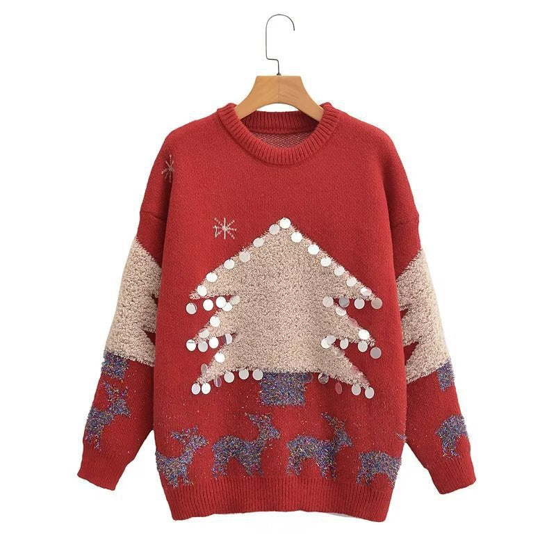 Christmas Holiday Sweater Handmade Sequined Christmas Tree Fawn Jacquard Thickened Jumper