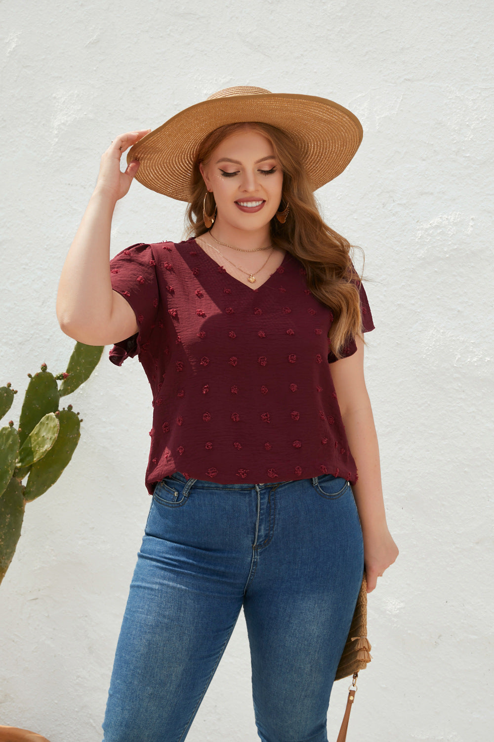 Loose Casual T-Shirt Spring Summer Plus-Size Women's V-Neck Hairball Short-Sleeved Commuter Plus-Size Top