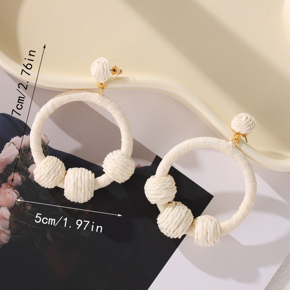 5 pairs Stylish All-In-One Simple Holiday Style Raffia Woven Ball Boho Hand-Woven Round Earrings