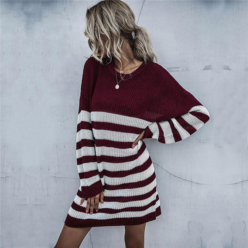 Autumn Chic: Women's Long-Sleeved Crew-Neck Striped Sweater Dress