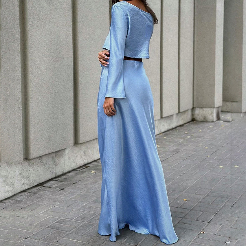 Sexy Crop Satin Color D Round Neck Top Long Skirt Suit New Spring Fashion Women's Wear