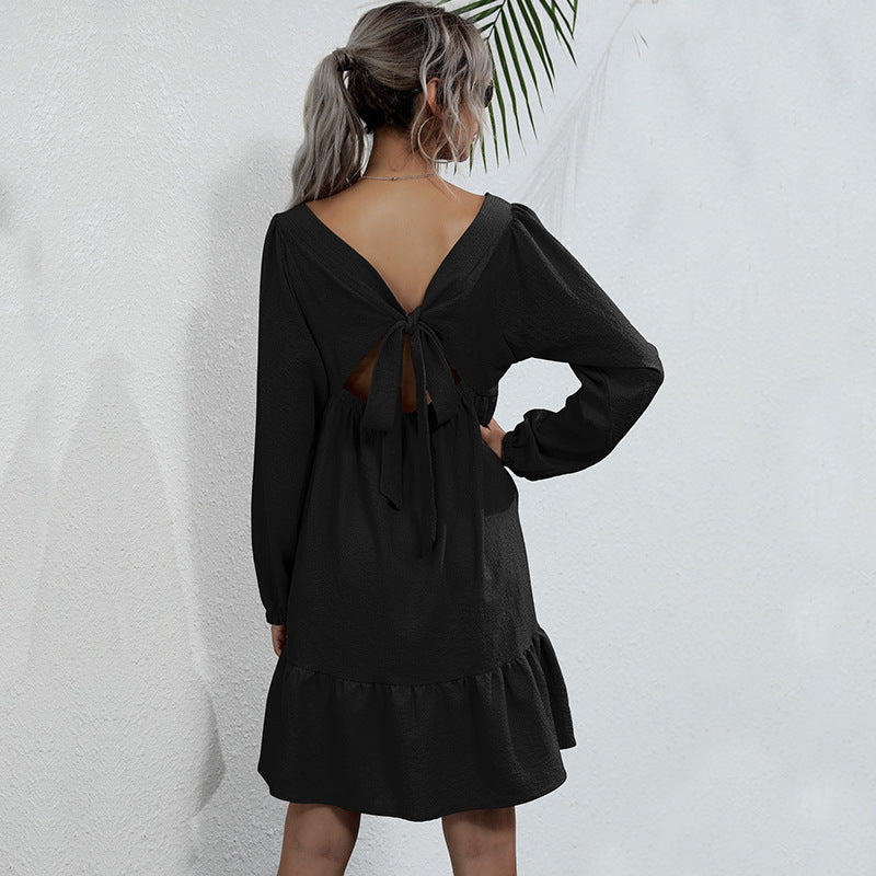 Fashion Women's Backless Ruffled Square Collar Loose Long-Sleeved Dress