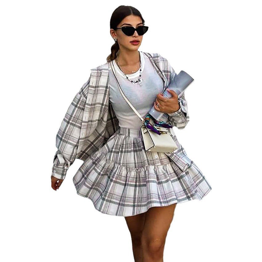 Checkered Lapel Waist Waist Long Sleeve High Waist Skirt Suit New Autumn Fashion Two-Piece Women