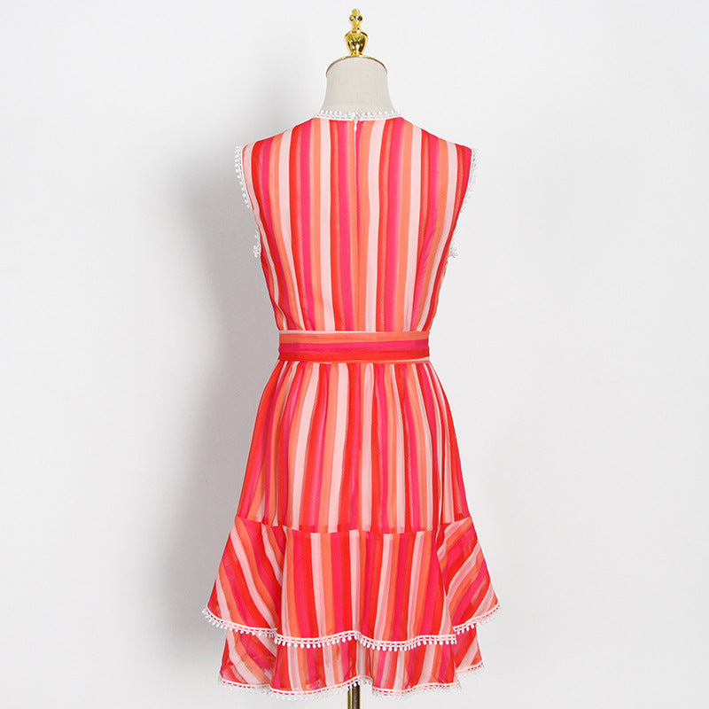 Stripes Contrast Color A-Line Skirt Spring New Fashion V-Neck Sleeveless Chiffon Ruffled Dress Women